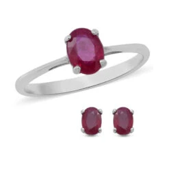 2er-Set - Rubin Solitär-Ring Und Ohrringe, Fissure Gefüllt, 925 Silber Platiniert Ca. 2,41 Ct