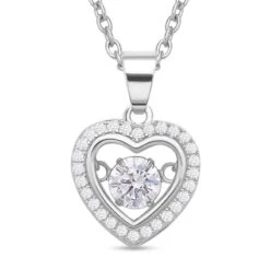 Weißer Zirkonia Im Herzförmigem Anhänger Mit Kette, 925 Silber Rhodiniert Und Edelstahl, Ca. 1,02 Ct