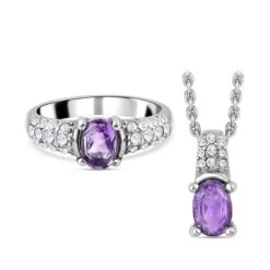 3er Set Afrikanischer Amethyst Ring Und Anhänger Mit Kette, Edelstahl, Ca. 0.60 Ct