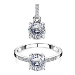 2er Set - 100 Facetten Moissanit Anhänger Und Ring, 925 Silber Platiniert Ca. 2.65 Ct