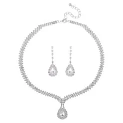 2er Set - Weißer Kristall Halskette Und Ohrringe, Reines Messing