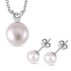 2er Set - Weiße Süßwasser Perle Ohrringe Und Anhänger Mit Kette, 925 Silber Rhodiniert Und Edelstahl