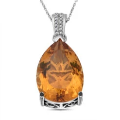 Citrin Und Weißer Zirkon-Anhänger Mit Kette, 925 Silber Platiniert Ca. 25,14 Ct