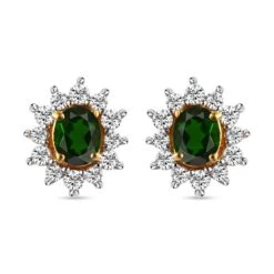 Natürliche Chrom Turmalin Und Weiße Zirkon-Ohrringe, 925 Silber Gelbgold Vermeil Ca. 1.14 Ct