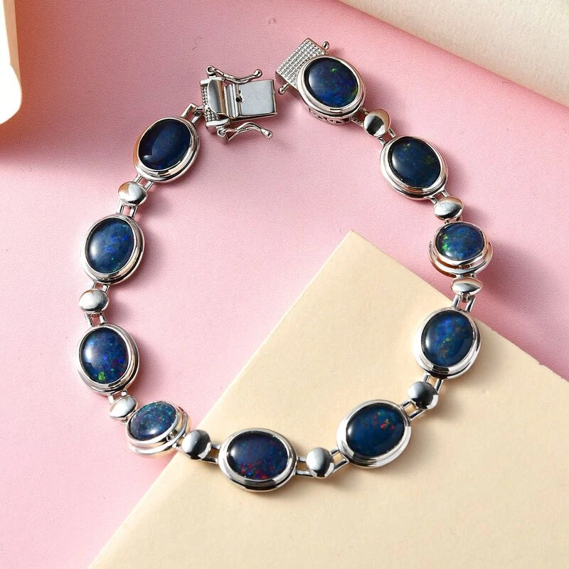 Boulder Opal Triplette Armband, Ca. 19 Cm, 925 Silber Platiniert Ca. 15.80 Ct 2 Boulder Opal Triplette Armband, Ca. 19 Cm, 925 Silber Platiniert Ca. 15.80 Ct – Bild 2