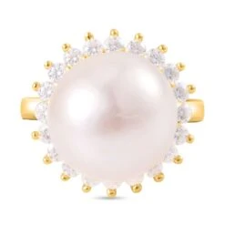 Weiße Edison Perle (13-14 Mm), Moissanit Ring, 925 Silber Gelbgold Vermeil, (Größe 16.00), Ca. 0.96 Ct