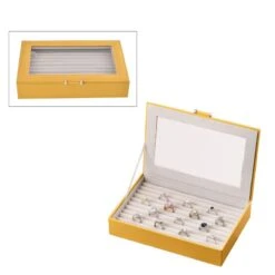 100 Steckplatz Ring Koffer Mit Glas Fenster Und Kunstleder Polster, 27x18x6 Cm, Senfgelb