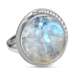 AA Premium Regenbogen Mondstein, Weißer Zirkon Ring, 925 Silber Platiniert (Größe 18.00) Ca. 18.45 Ct