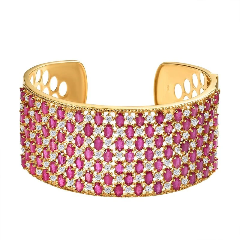 Afrikanischer Rubin (Fissure Gefüllt), Weißer Zirkon Armreif Ca. 19 Cm 925 Silber Vergoldet Ca. 40.30 Ct 1 Afrikanischer Rubin (Fissure Gefüllt), Weißer Zirkon Armreif Ca. 19 Cm 925 Silber Vergoldet Ca. 40.30 Ct