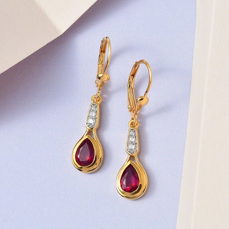 Afrikanischer Rubin (Fissure Gefüllt), Weißer Zirkon Ohrringe 925 Silber Vergoldet Ca. 2.13 Ct 2 Afrikanischer Rubin (Fissure Gefüllt), Weißer Zirkon Ohrringe 925 Silber Vergoldet Ca. 2.13 Ct – Bild 2