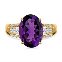 AA Lusaka Amethyst, Weißer Zirkon Ring, 925 Silber Vergoldet (Größe 21.00) Ca. 6.10 Ct