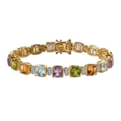 Mode Zubehör Geschäft 15 Mehrfarbiges Edelstein Armband Ca. 18 Cm 925 Silber Vergoldet Ca. 18.96 Ct