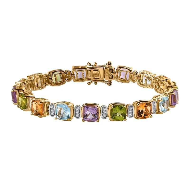 Mehrfarbiges Edelstein Armband Ca. 18 Cm 925 Silber Vergoldet Ca. 18.96 Ct 1 Mehrfarbiges Edelstein Armband Ca. 18 Cm 925 Silber Vergoldet Ca. 18.96 Ct