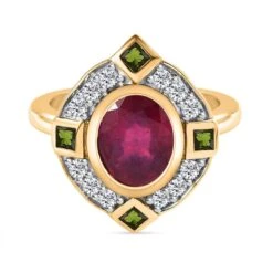 1A Afrikanischer Rubin (Fissure Gefüllt), Natürlicher Chromdiopsid Ringe 925 Silber Vergoldet (Größe 19.00) Ca. 3.11 Ct