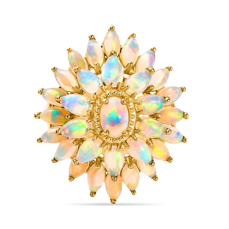 Natürlicher, äthiopischer Opal Blumen-Ring, 925 Silber Gelbgold Vermeil (Größe 16.00) Ca. 3.74 Ct