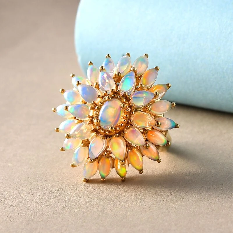 Natürlicher, äthiopischer Opal Blumen-Ring, 925 Silber Gelbgold Vermeil (Größe 16.00) Ca. 3.74 Ct 2 Natürlicher, äthiopischer Opal Blumen-Ring, 925 Silber Gelbgold Vermeil (Größe 16.00) Ca. 3.74 Ct – Bild 2